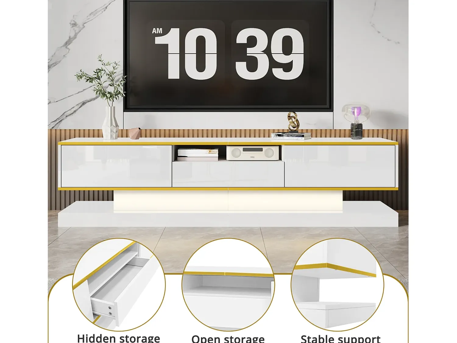 Móvel De Tv* Móvel TV 180 cm com iluminação LED, alto brilho com 3 gavetas e compartimento aberto, Branco