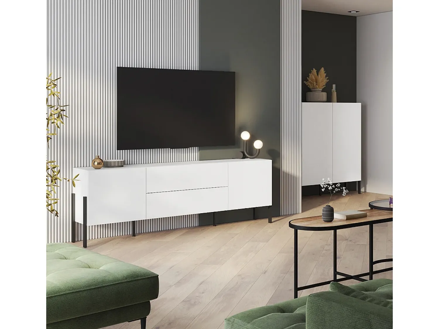 Petits-Meubles Móvel TV 2 portas 2 gavetas Bérénice branco mate e 204cm^ Móvel De Tv