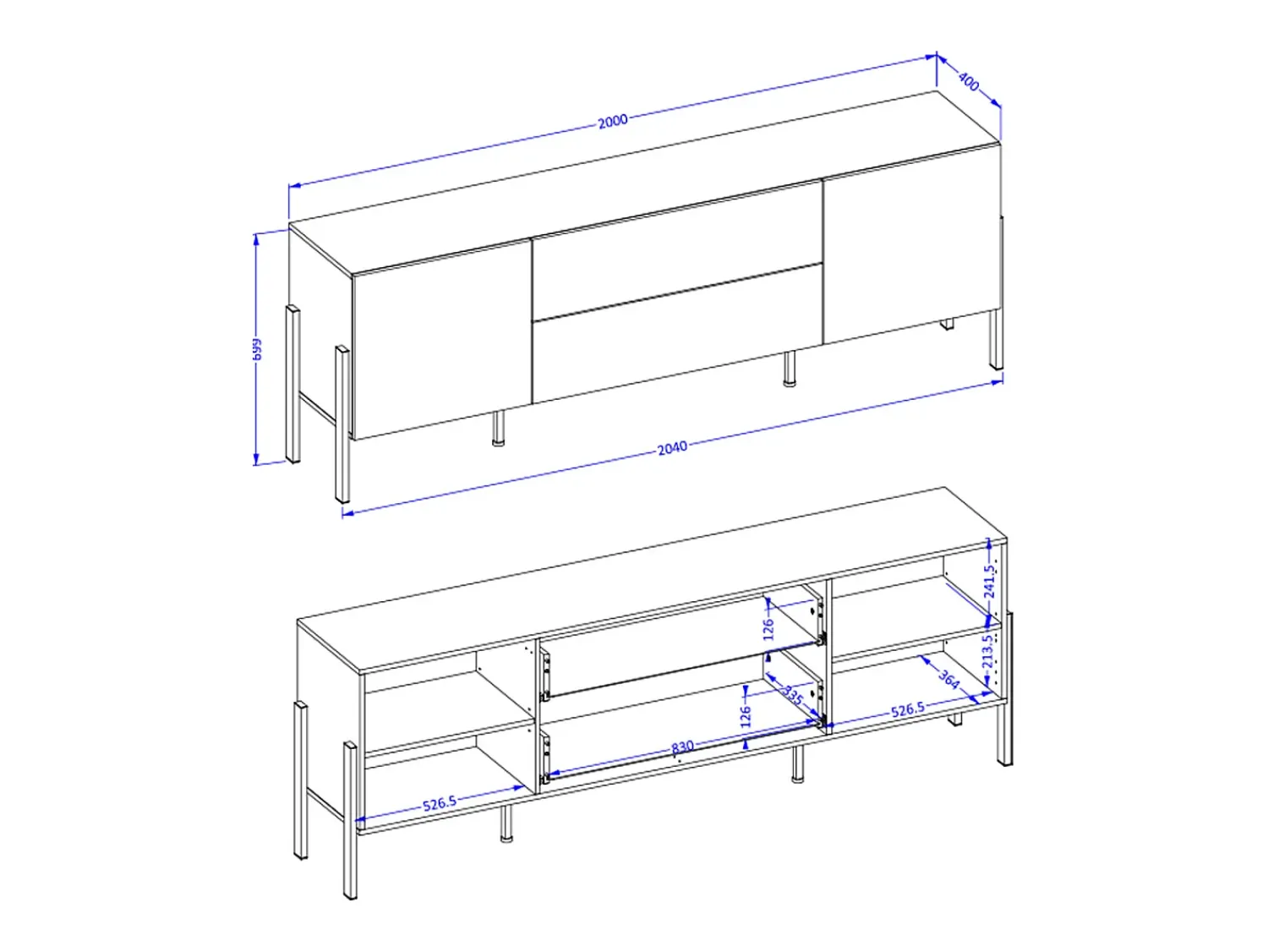 Petits-Meubles Móvel TV 2 portas 2 gavetas Bérénice branco mate e 204cm^ Móvel De Tv