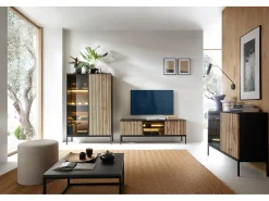 Móvel De Tv| Móvel TV 2 portas com LED integrado e Carvalho 154x56 cm Preto