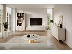 Móvel De Tv| Móvel TV: 2 portas, móveis: Cashmere, pés dourados, 163,2 x 51,2 x 38cm Bege