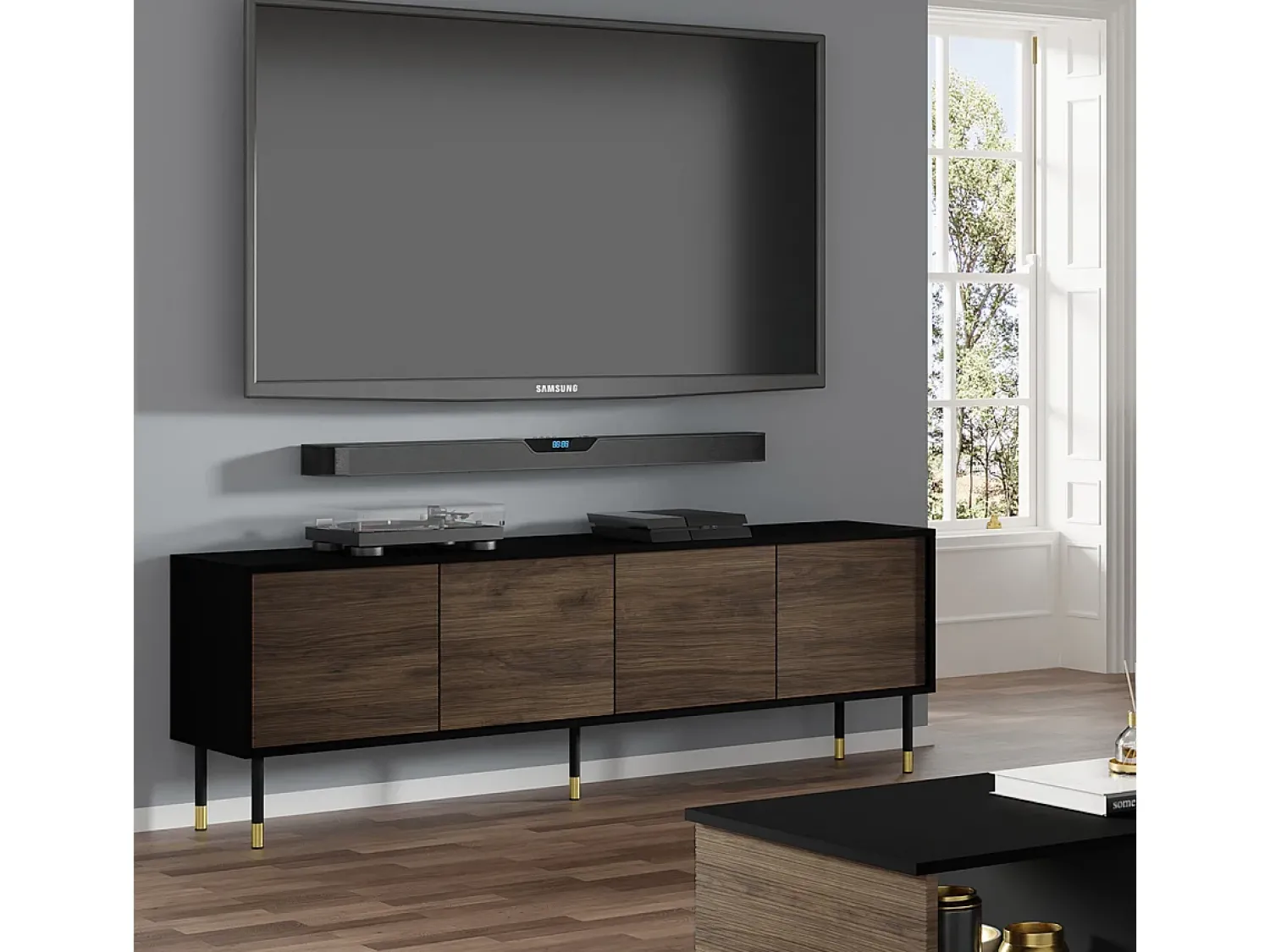 Móvel De Tv*Petits-Meubles Móvel TV 4 portas Rani madeira e preto 180cm Preto / Castanho