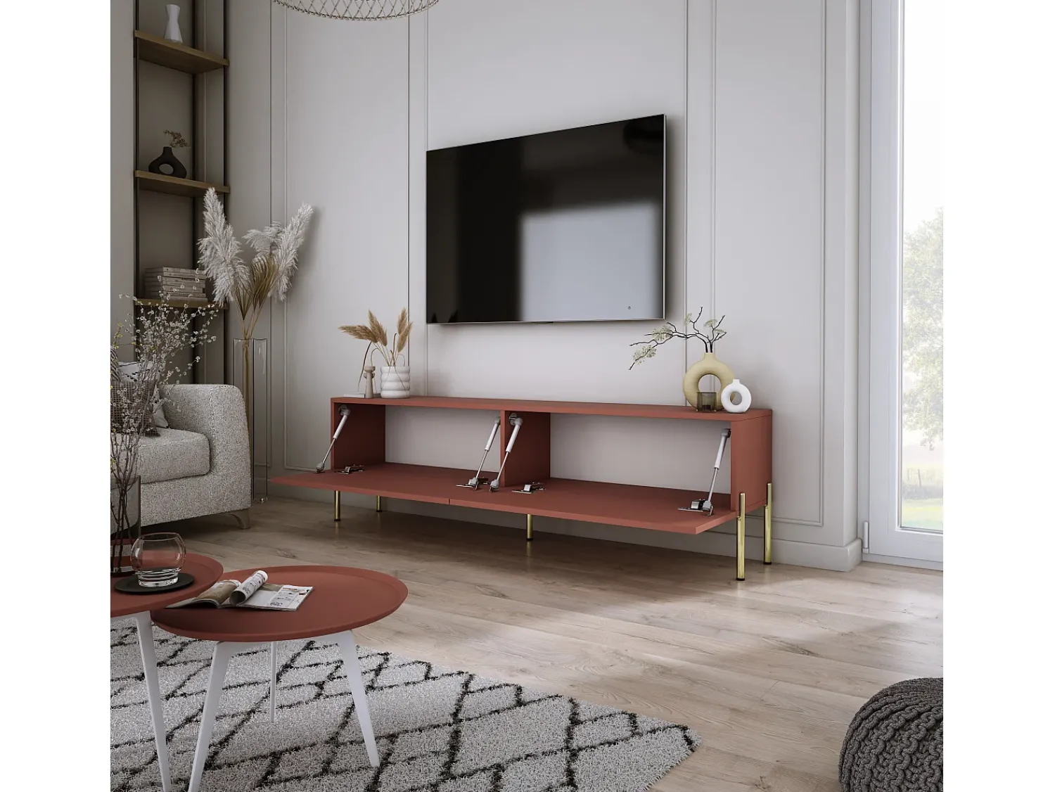 New Móvel TV : Tijolo, 140 x 52 x 32 cm, patas douradas Vermelho