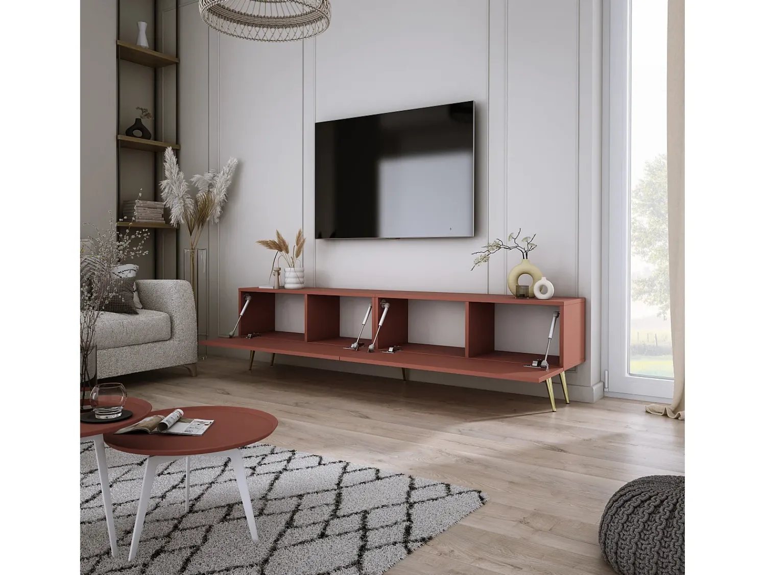Móvel De Tv* Móvel TV : Tijolo, 170 x 52 x 32 cm, patas douradas Vermelho