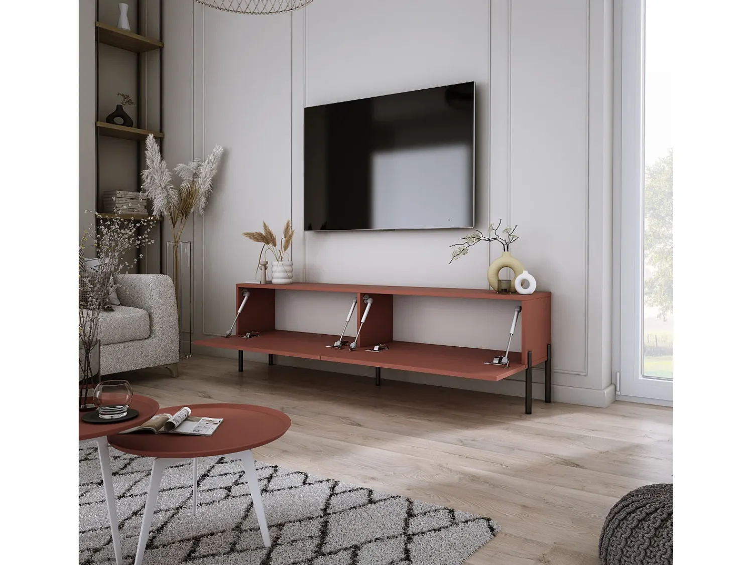 Móvel De Tv| Móvel TV : Tijolo, 140 x 52 x 32 cm, patas pretas Vermelho