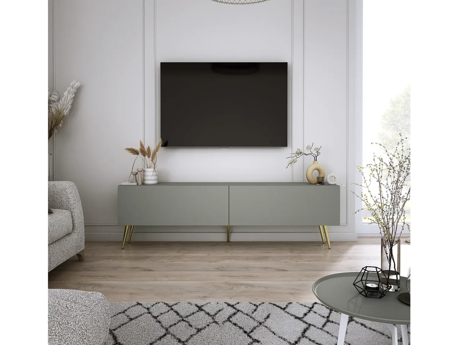Móvel De Tv* Móvel TV: Aloe, 140 x 52 x 32 cm, pés dourados Verde