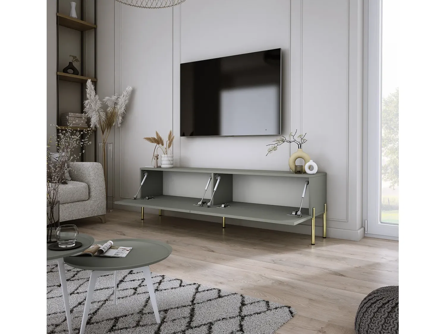 Móvel TV: Aloe, 140 x 52 x 32 cm, pés dourados^ Móvel De Tv