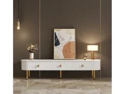 Móvel TV baixo 174 X 35 X 41cm com três gavetas, puxadores dourados e cantos curvos,^ Móvel De Tv