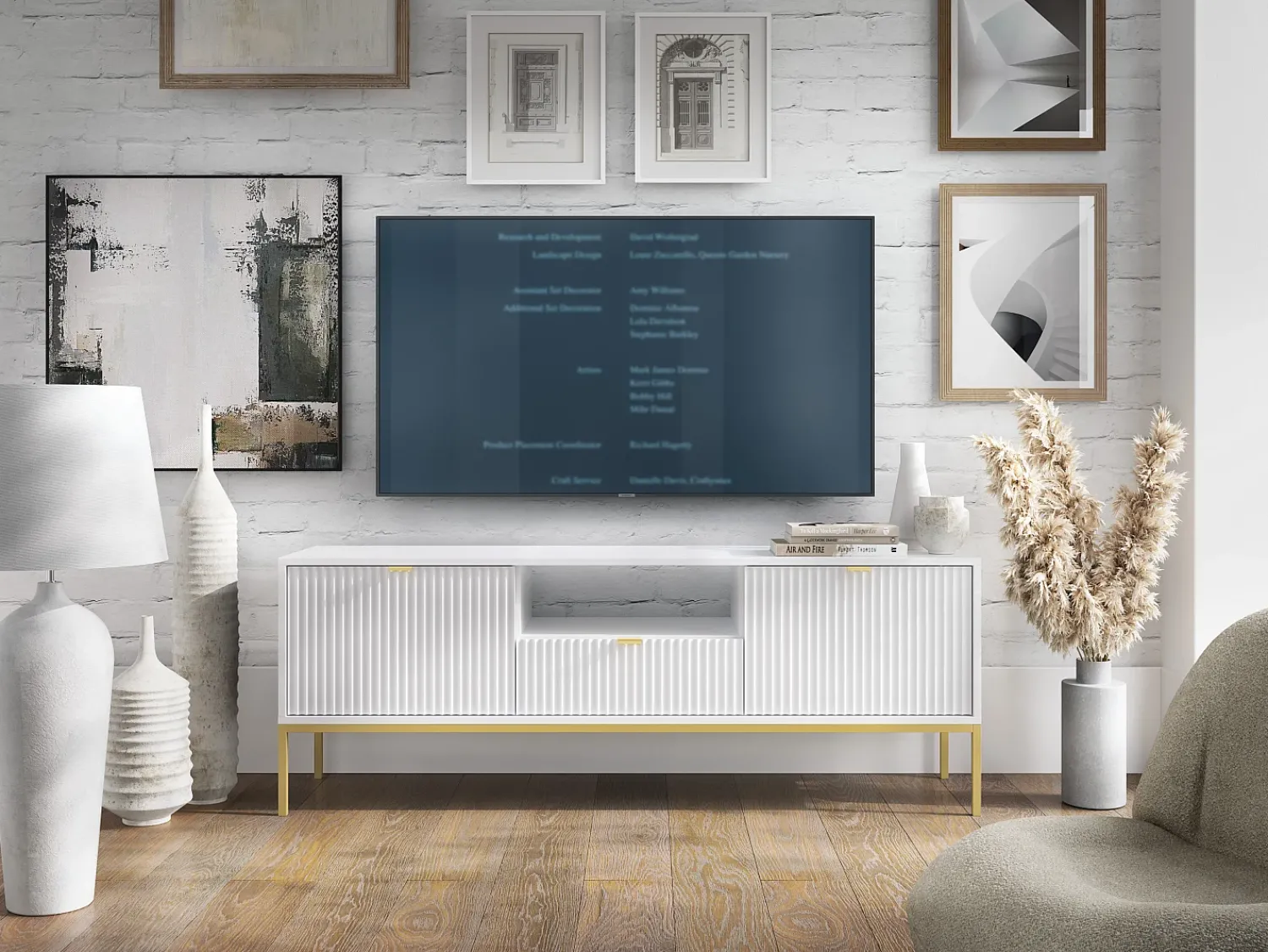 Móvel De Tv| Móvel TV: , dourado, 154 x 56 x 39 cm, puxadores dourados Branco