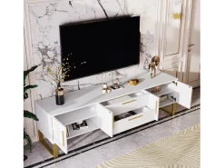 Móvel De Tv|Merax Móvel TV brilhante com 4 portas e 2 gavetas, madeira MDF, puxadores e pés dourados, estilo moderno, Branco