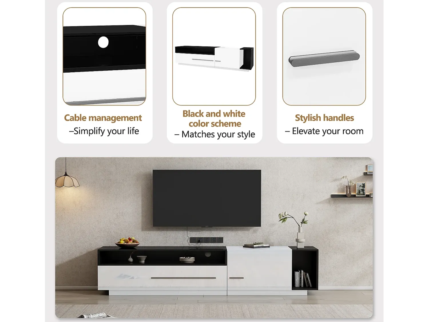 Móvel De Tv|ModernLuxe Móvel TV 170cm - 1 gaveta grande e 3 compartimentos - Branco e Preto Preto / Branco