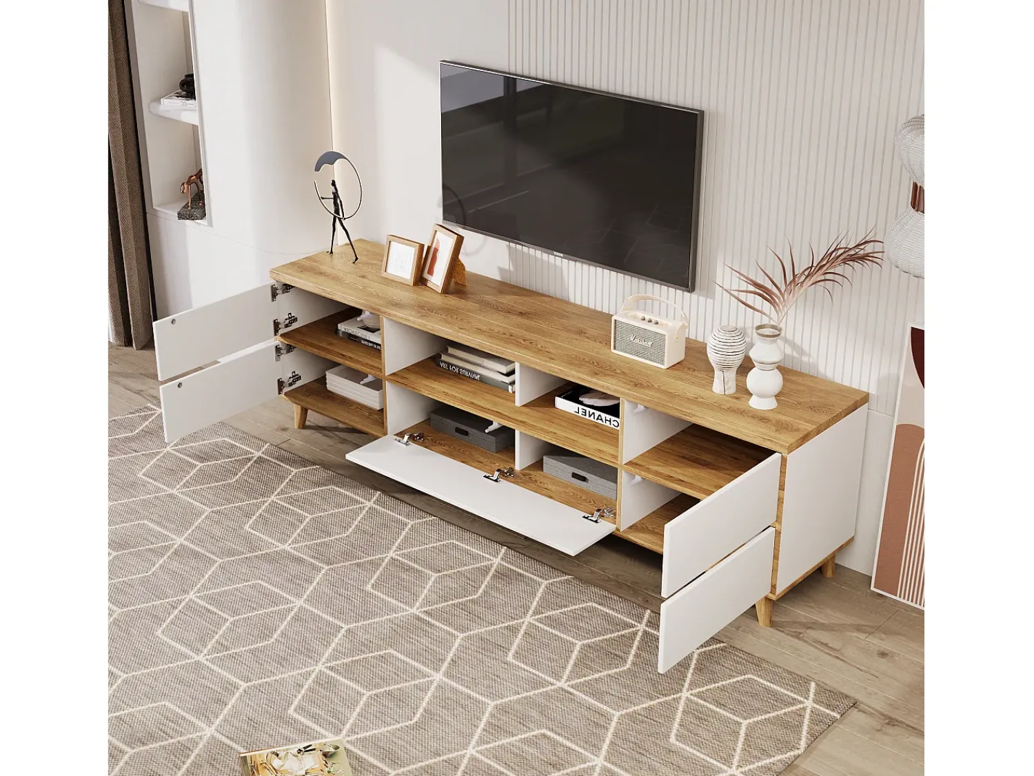 Móvel De Tv*ModernLuxe Móvel TV 175cm - 5 portas + 2 compartimentos - estilo contemporâneo - Natural & Branco Natural claro / Branco