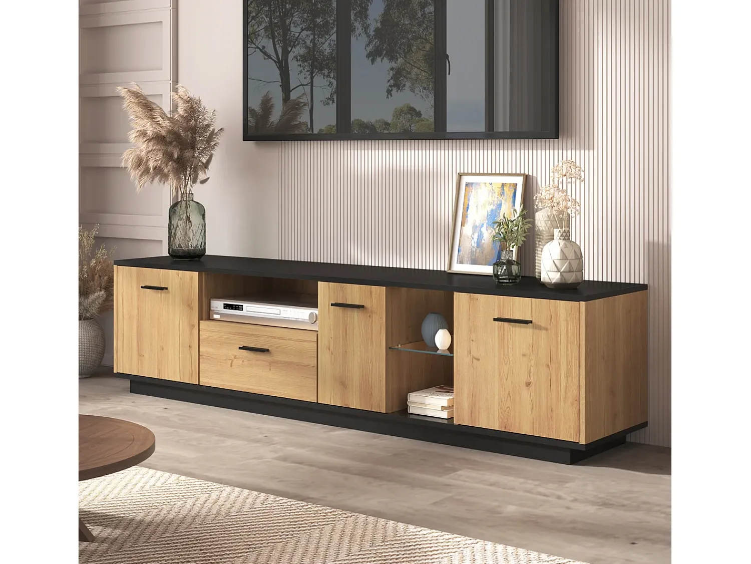 Móvel De Tv|ModernLuxe Móvel TV 180cm com LED - 1 gaveta + 3 portas + 2 compartimentos - Natural Natural claro
