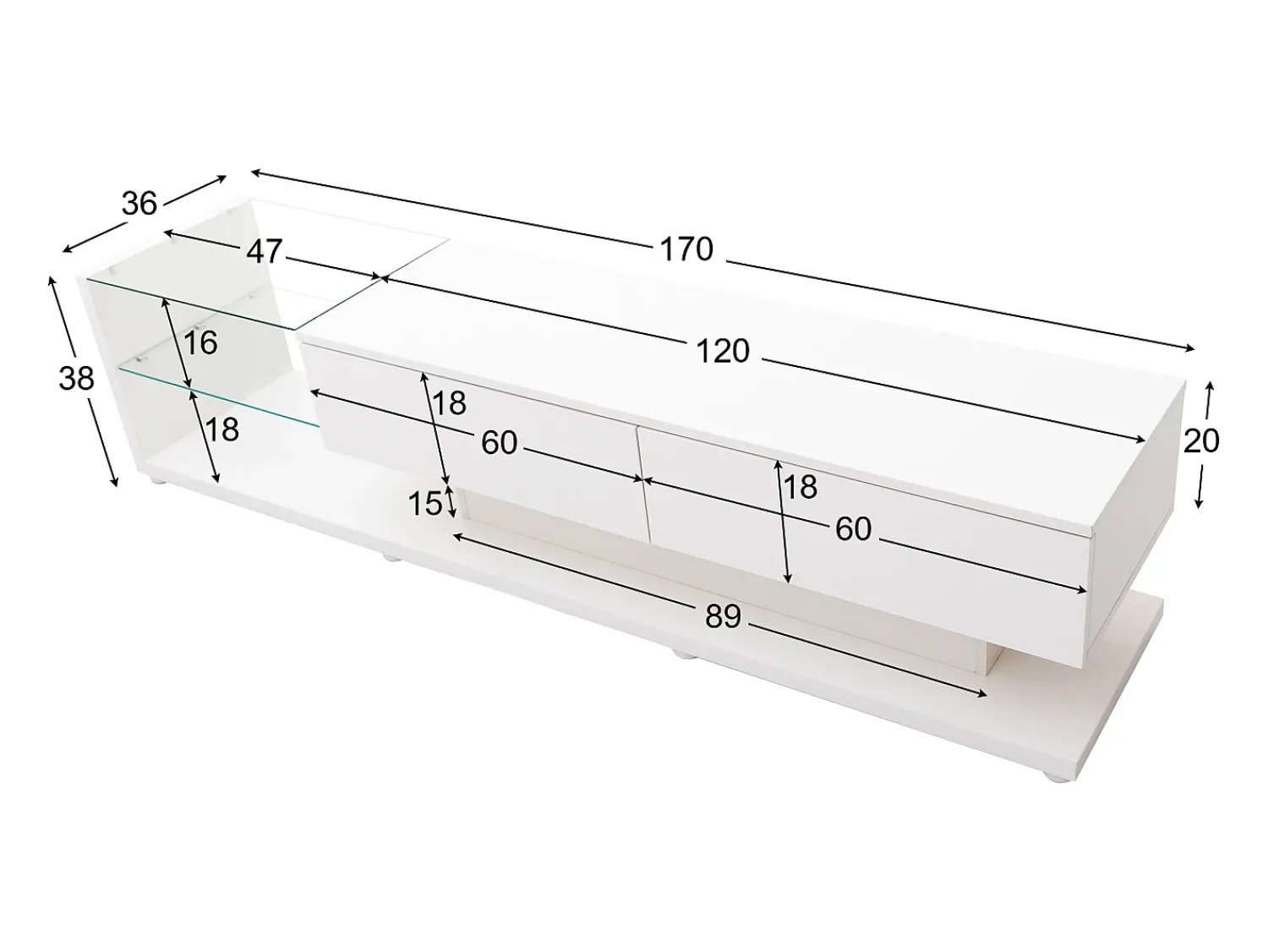 Móvel De Tv|ModernLuxe Móvel TV 170cm com LED e divisória em vidro - 2 gavetas - Branco