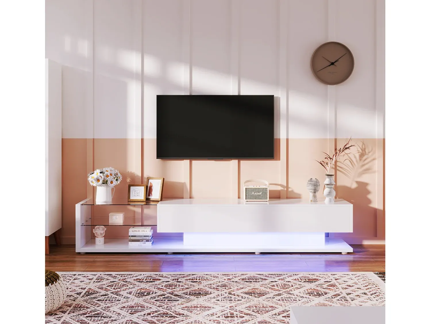 Móvel De Tv|ModernLuxe Móvel TV 170cm com LED e divisória em vidro - 2 gavetas - Branco