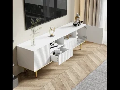 Móvel De Tv*Merax Móvel TV com 2 gavetas, 2 portas e 2 nichos - 165x36x55cm - padrão listrado vertical - Aglomerado - Branco