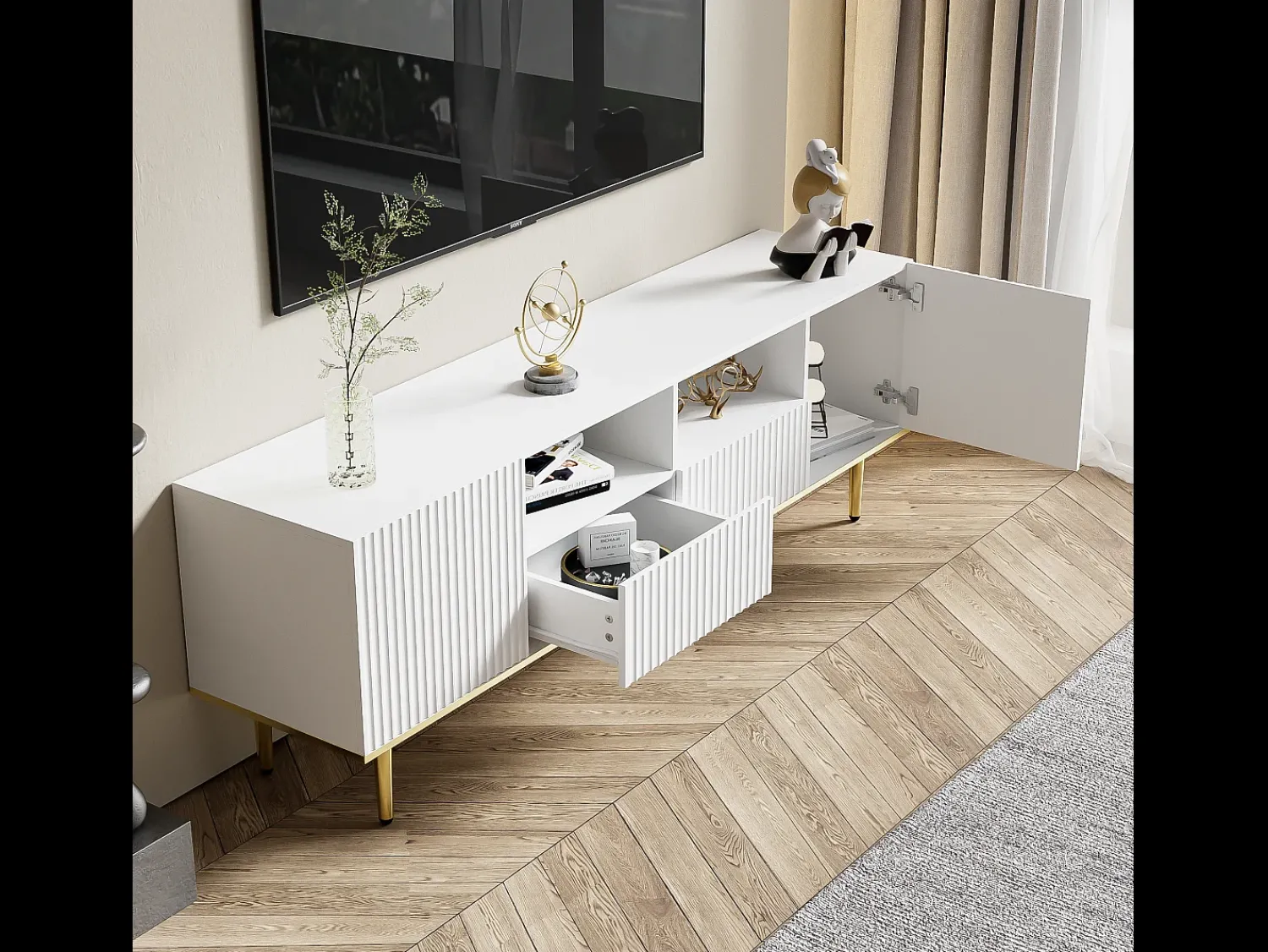Móvel De Tv*Merax Móvel TV com 2 gavetas, 2 portas e 2 nichos - 165x36x55cm - padrão listrado vertical - Aglomerado - Branco