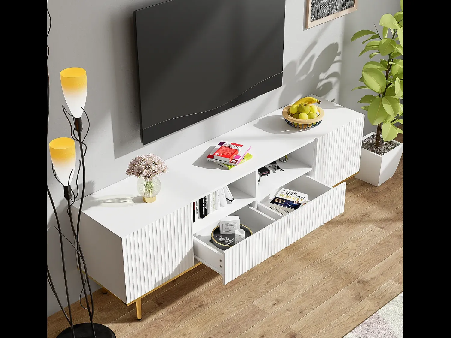 Móvel De Tv*Merax Móvel TV com 2 gavetas, 2 portas e 2 nichos - 165x36x55cm - padrão listrado vertical - Aglomerado - Branco