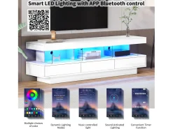Merax Móvel TV com 3 gavetas e 3 compartimentos - 160 x 38 x 50,5 cm - Divisória de vidro - LEDs - Aglomerado - brilhante Branco