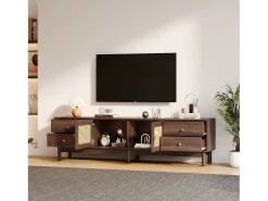 Móvel De Tv|Merax Móvel TV com 4 gavetas e 2 portas de vime - 180 x 35 x 44 cm - Aglomerado - Castanho