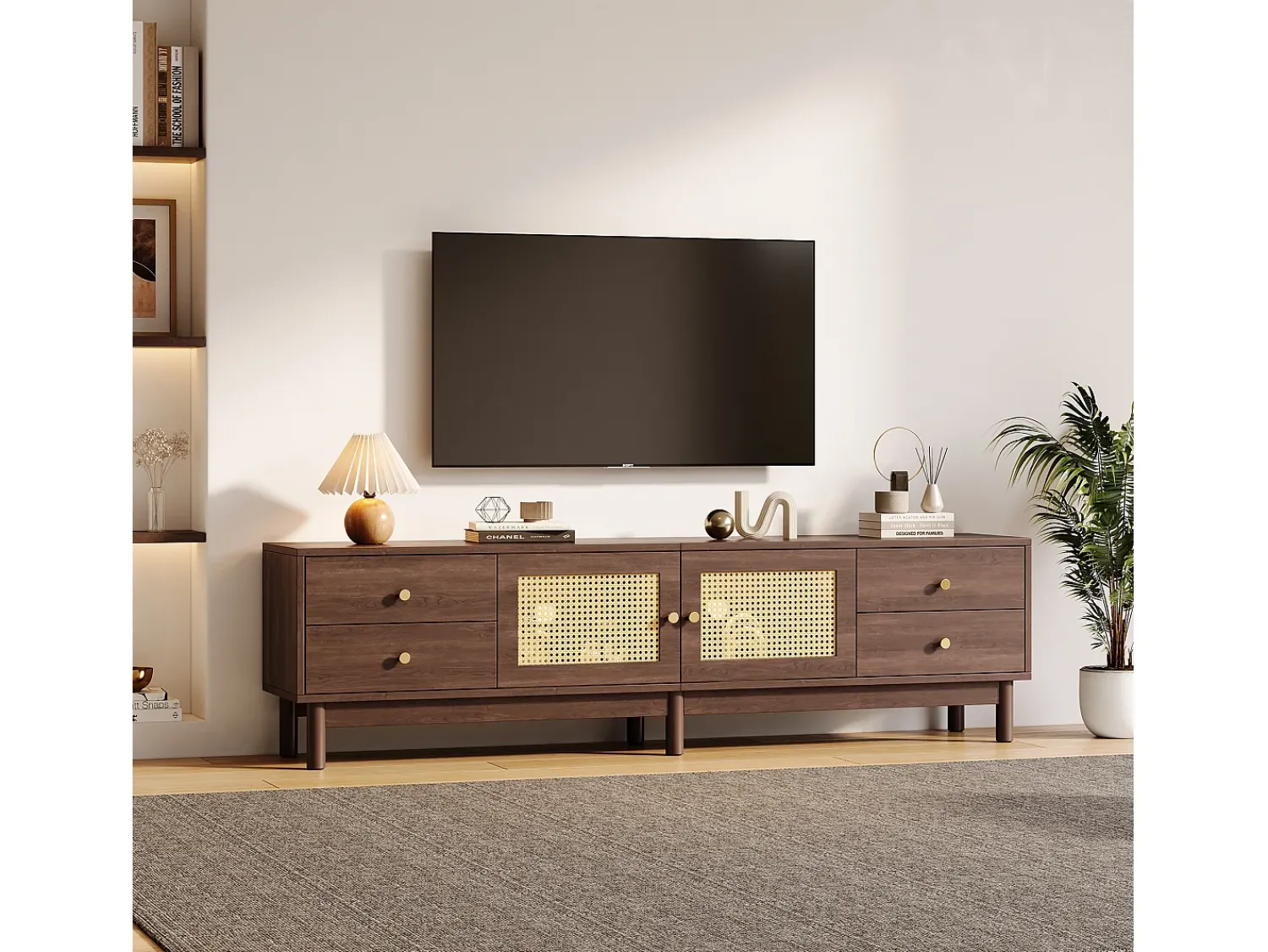 Móvel De Tv|Merax Móvel TV com 4 gavetas e 2 portas de vime - 180 x 35 x 44 cm - Aglomerado - Castanho