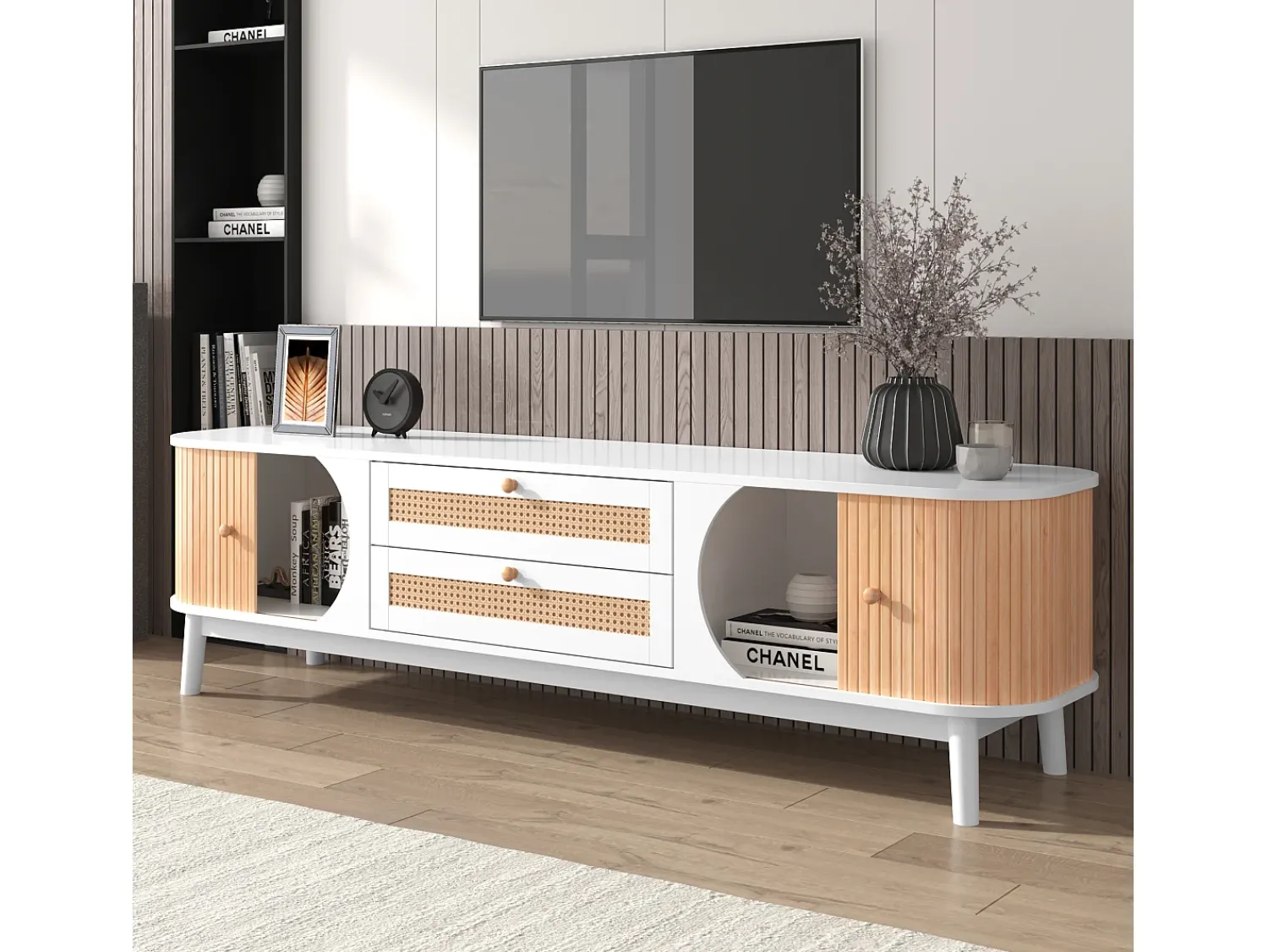Móvel De Tv|Merax Móvel TV com 2 gavetas e 2 portas de correr, aglomerado, efeito rattan, e natural Branco