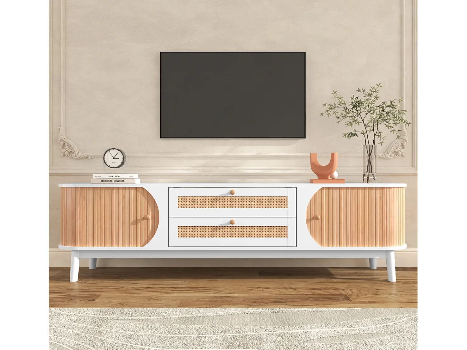 Móvel De Tv|Merax Móvel TV com 2 gavetas e 2 portas de correr, aglomerado, efeito rattan, e natural Branco