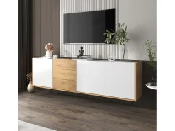 Hauss Spole Móvel TV com 3 gavetas e 3 portas, móvel TV suspenso em madeira natural clara e acabamento - 171,5x35x47cm^ Móvel De Tv