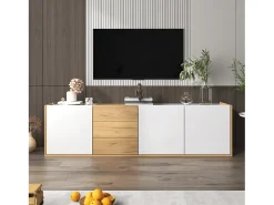 Hauss Spole Móvel TV com 3 gavetas e 3 portas, móvel TV suspenso em madeira natural clara e acabamento - 171,5x35x47cm^ Móvel De Tv