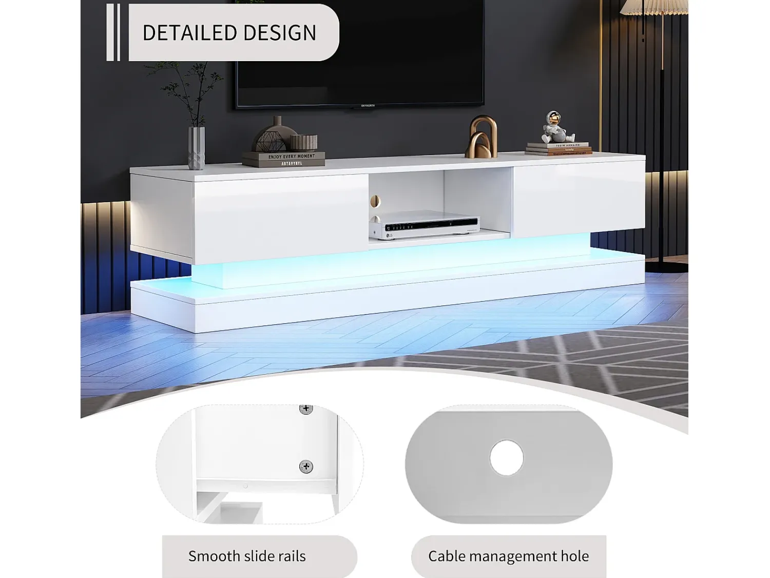 Móvel De Tv|Merax Móvel TV com 2 gavetas e compartimento aberto - 160 x 35 x 40,5 cm - LEDs - Aglomerado - brilhante Branco