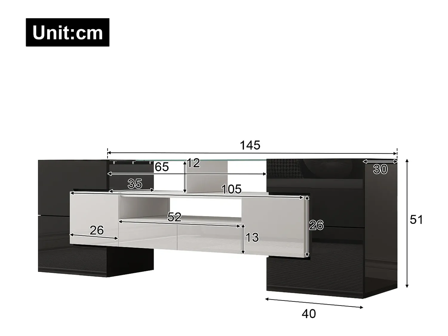 Hauss Spole Móvel TV com 6 portas, 2 gavetas e 2 nichos, LED incluído, em laca brilhante e branco - 145x30x51cm^ Móvel De Tv