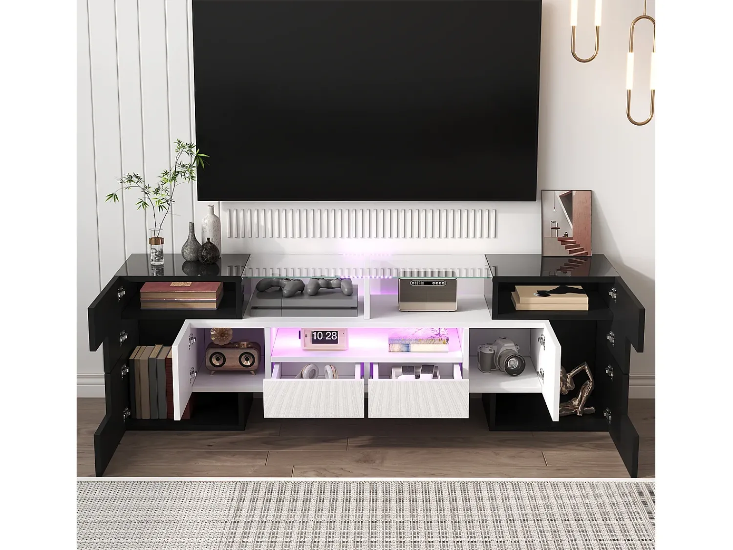 Hauss Spole Móvel TV com 6 portas, 2 gavetas e 2 nichos, LED incluído, em laca brilhante e branco - 145x30x51cm^ Móvel De Tv