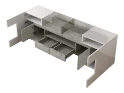 Móvel De Tv*Hauss Spole Móvel TV com 6 portas, 2 gavetas e 2 nichos, LED incluído, em laca branca brilhante e acabamento concreto cinza - 145x30x51cm Branco
