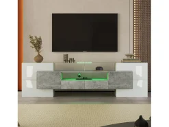 Móvel De Tv|Hauss Spole Móvel TV com 6 portas, 2 gavetas e 3 nichos com LED, lacado a branco e folheado a mármore cinza Cinzento