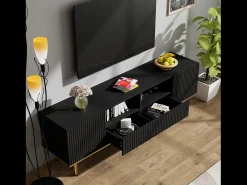 Hot Merax Móvel TV com 2 portas, 2 gavetas e 2 nichos - 165x36x55cm - Aglomerado e pés dourados - Preto