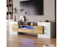 Hauss Spole Móvel TV com 6 portas, 2 gavetas e 3 nichos com LED, branco brilhante e luz natural^ Móvel De Tv