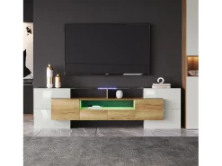 Hauss Spole Móvel TV com 6 portas, 2 gavetas e 3 nichos com LED, branco brilhante e luz natural^ Móvel De Tv