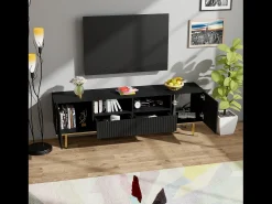 Online Hauss Spole Móvel TV com 2 portas, 2 gavetas e 2 nichos, corpo ranhurado na cor preta com detalhes dourados - 165x36x55cm Preto
