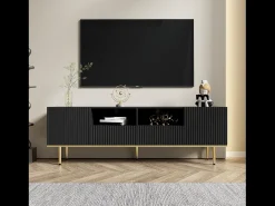 Online Hauss Spole Móvel TV com 2 portas, 2 gavetas e 2 nichos, corpo ranhurado na cor preta com detalhes dourados - 165x36x55cm Preto