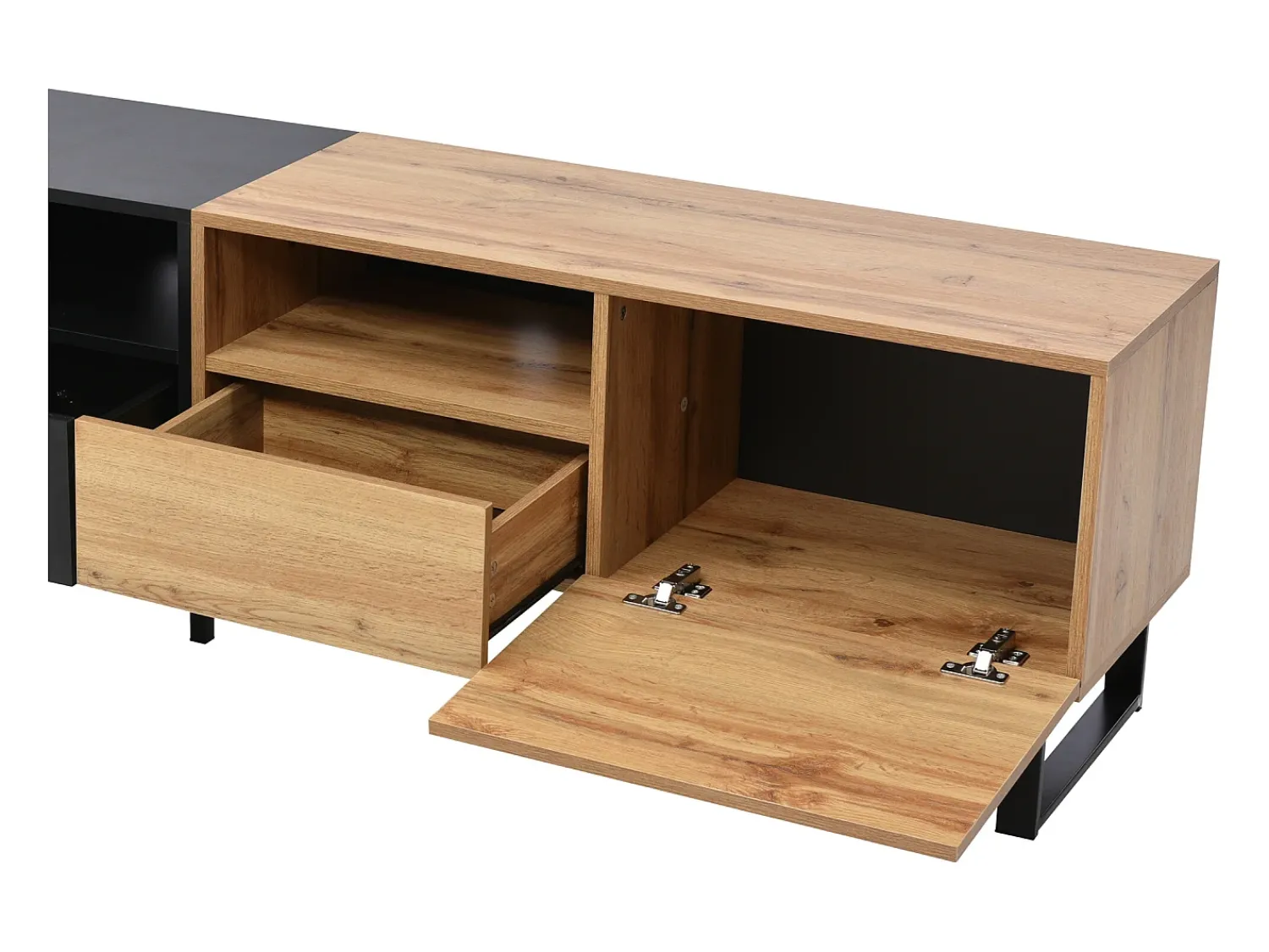 Móvel De Tv*Hauss Spole Móvel TV com 2 portas, 2 gavetas e 2 nichos, em preto e folheado de madeira natural Natural claro