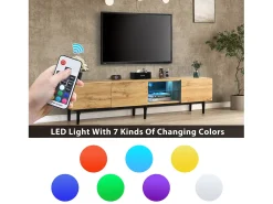 Best Hauss Spole Móvel TV com 3 portas, 2 nichos e LED, corpo em madeira natural clara, pés pretos Natural claro