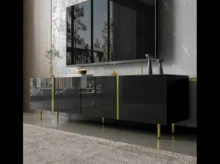Móvel De Tv*Hauss Spole Móvel TV com 4 portas, corpo lacado brilhante e faixa dourada - 170x35x46cm Preto