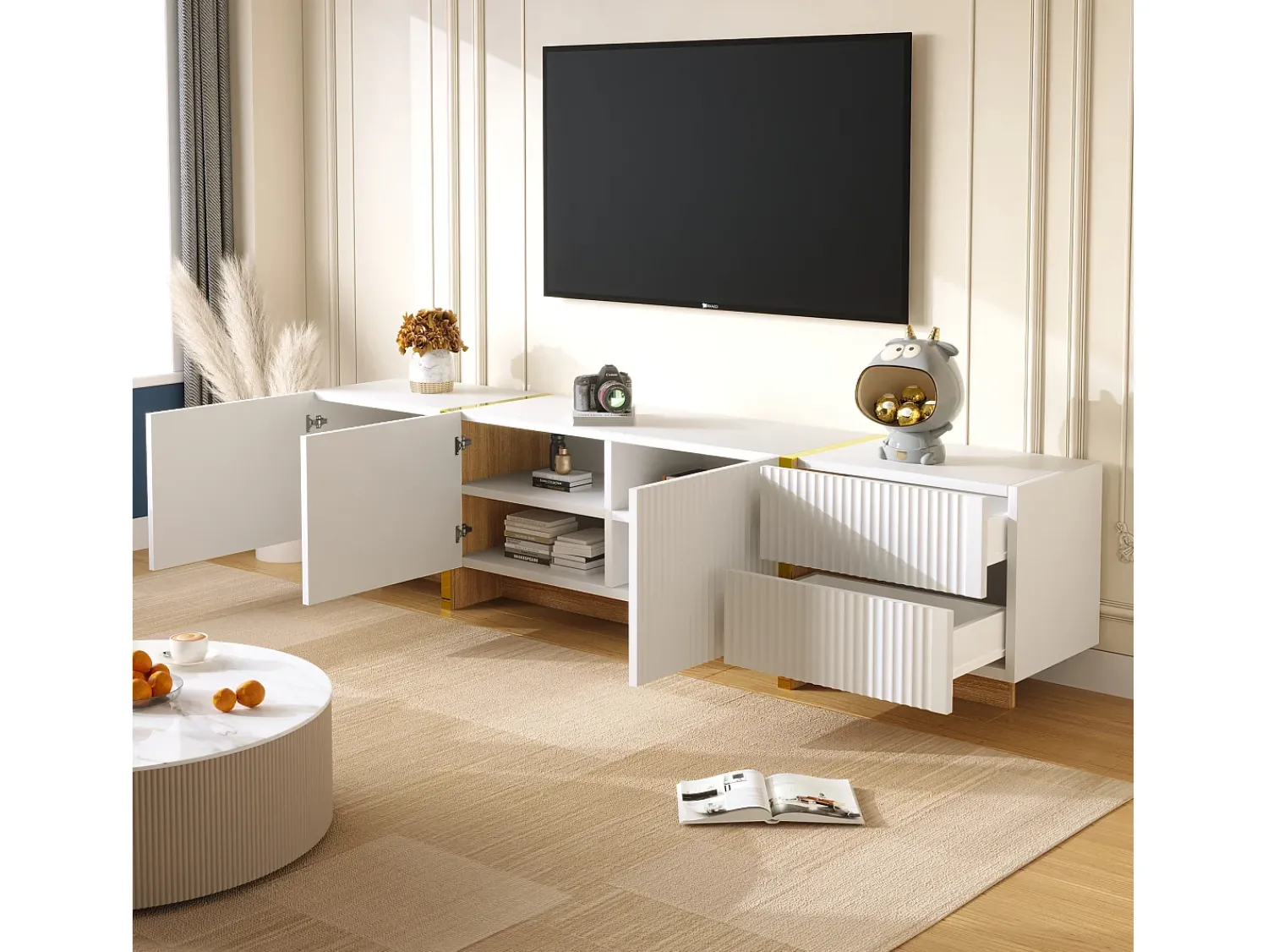 Sale Hauss Spole Móvel TV com 3 portas e 2 gavetas, corpo ranhurado na cor branca com detalhes s - 190x35x45cm Dourado
