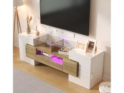 Móvel De Tv|Merax Móvel TV com 4 portas e 2 gavetas - 145 x 30 x 51 cm - LEDs - Aglomerado - +Ouro Branco