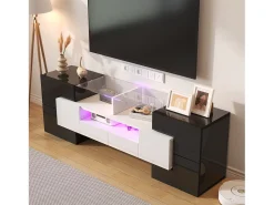 Merax Móvel TV com 4 portas e 2 gavetas - 145 x 30 x 51 cm - LEDs - Aglomerado - Branco +^ Móvel De Tv