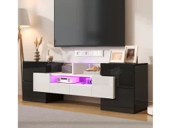 Merax Móvel TV com 4 portas e 2 gavetas - 145 x 30 x 51 cm - LEDs - Aglomerado - Branco +^ Móvel De Tv