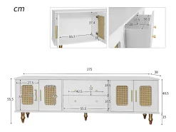 Merax Móvel TV com 4 portas em rattan e 2 gavetas - 175x38x55,5cm - Aglomerado - Puxadores e pés dourados -^ Móvel De Tv
