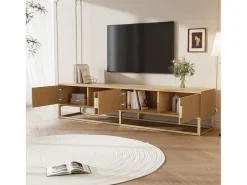 Hauss Spole Móvel TV com 4 portas, puxadores e pés em metal dourado, acabamento em madeira natural clara - 180x40x40cm Natural claro