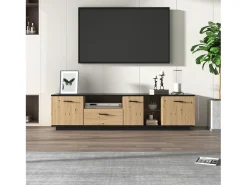 Móvel TV cor e madeira natural, com 3 portas, 2 compartimentos abertos e 1 gaveta, com LED^ Móvel De Tv