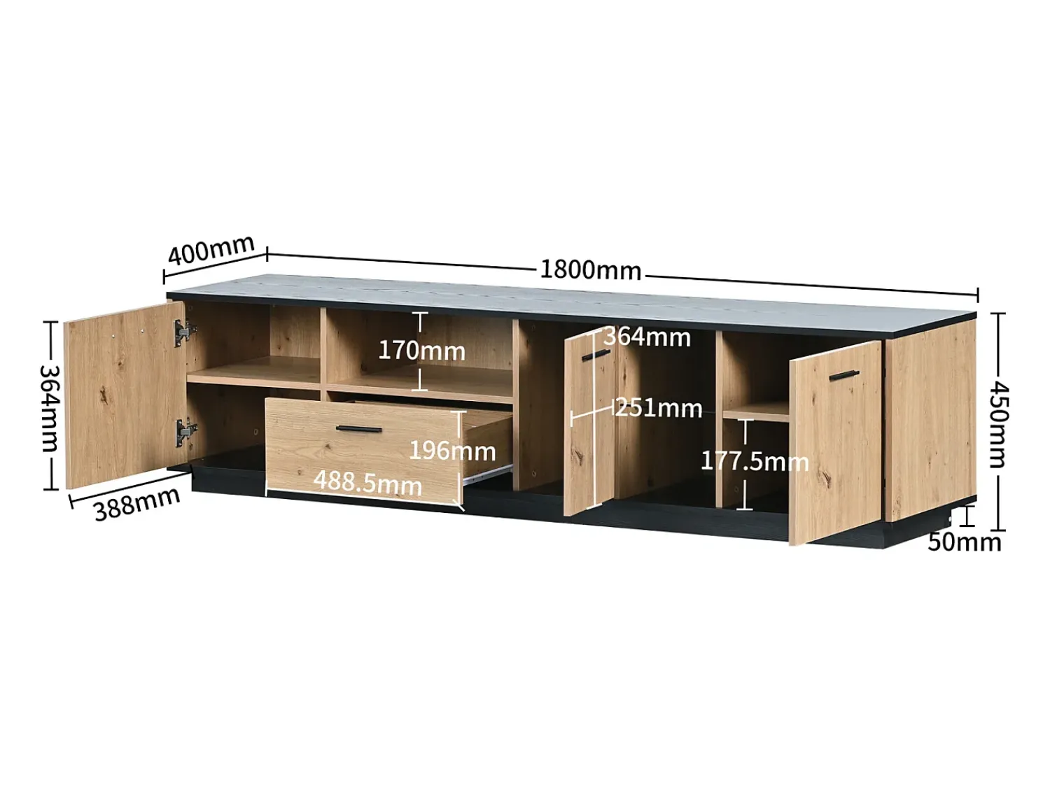 Móvel TV cor e madeira natural, com 3 portas, 2 compartimentos abertos e 1 gaveta, com LED^ Móvel De Tv